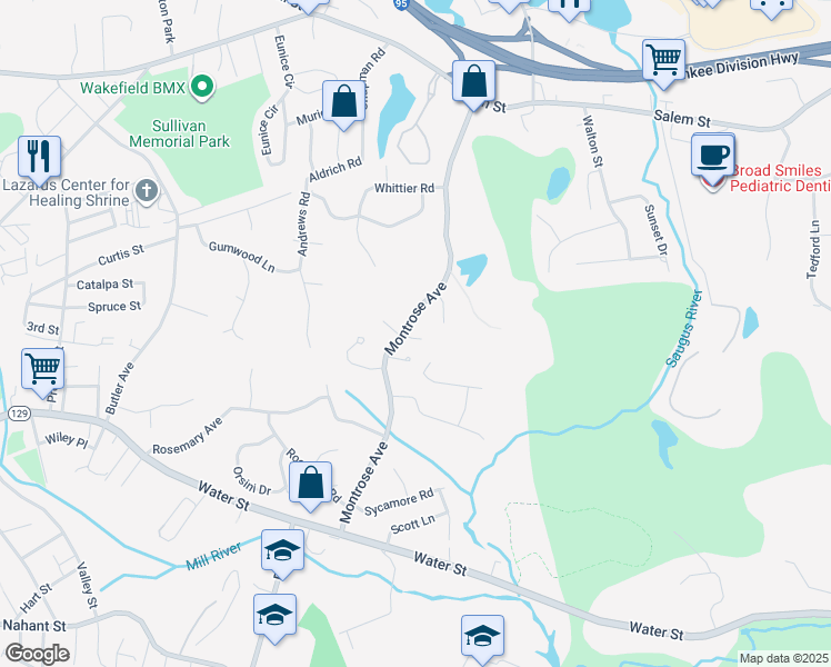 map of restaurants, bars, coffee shops, grocery stores, and more near 1 Grace Court in Wakefield