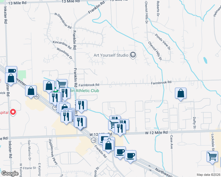 map of restaurants, bars, coffee shops, grocery stores, and more near 25965 Farmbrook Road in Southfield