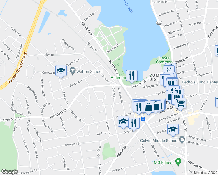 map of restaurants, bars, coffee shops, grocery stores, and more near 18 Prospect Street in Wakefield