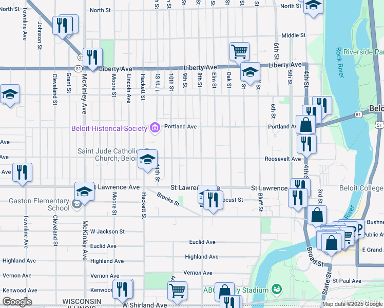 map of restaurants, bars, coffee shops, grocery stores, and more near 717 Roosevelt Avenue in Beloit