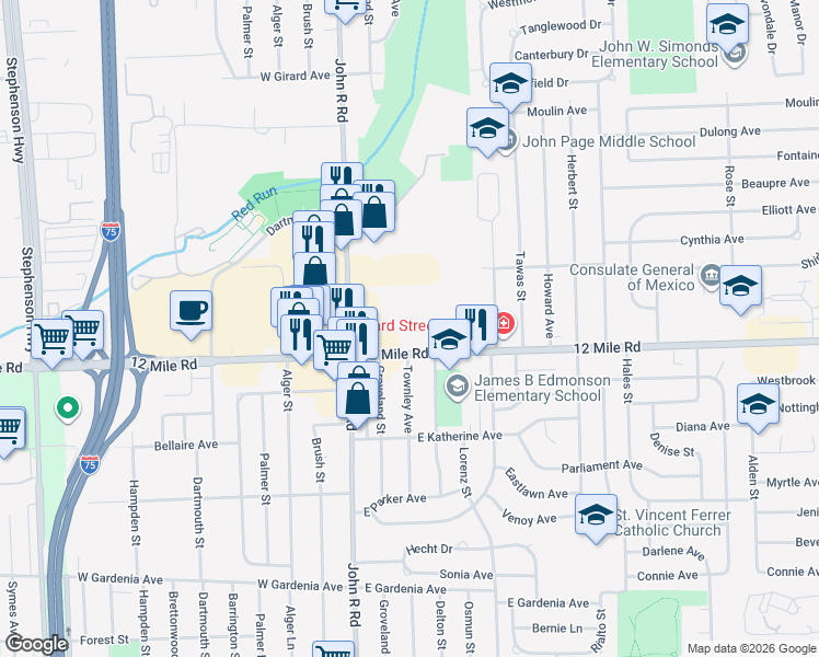 map of restaurants, bars, coffee shops, grocery stores, and more near 291 Twelve Mile Road in Madison Heights