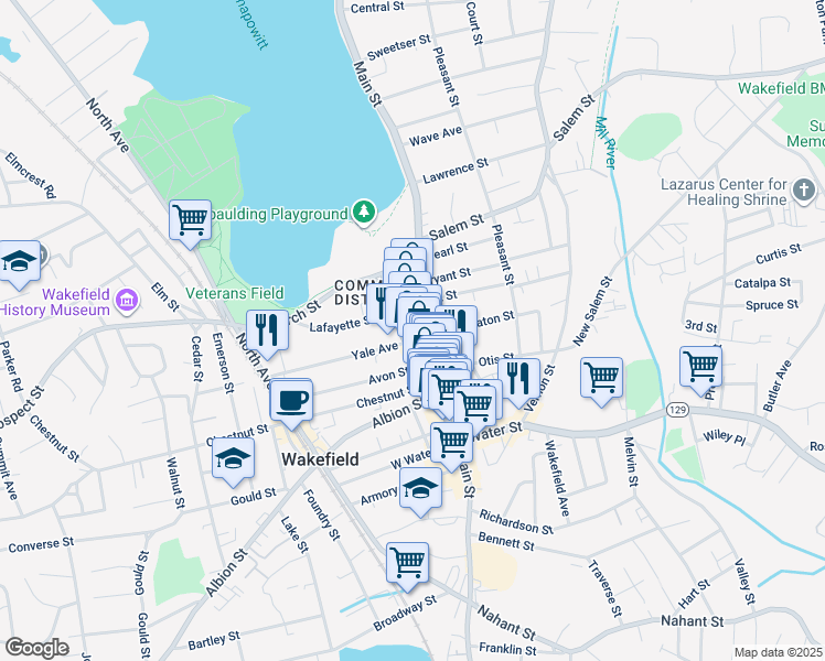 map of restaurants, bars, coffee shops, grocery stores, and more near 310 Main Street in Wakefield