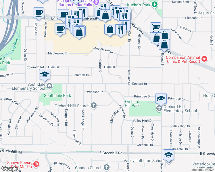 map of restaurants, bars, coffee shops, grocery stores, and more near 3606 Carlton Drive in Cedar Falls