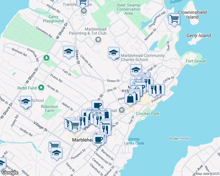 map of restaurants, bars, coffee shops, grocery stores, and more near 121 Elm Street in Marblehead