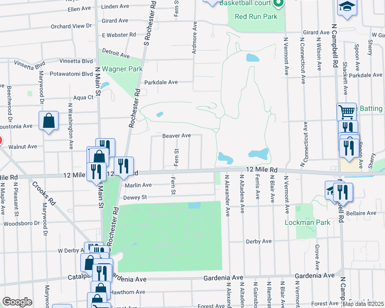 map of restaurants, bars, coffee shops, grocery stores, and more near 1902 Ardmore Avenue in Royal Oak