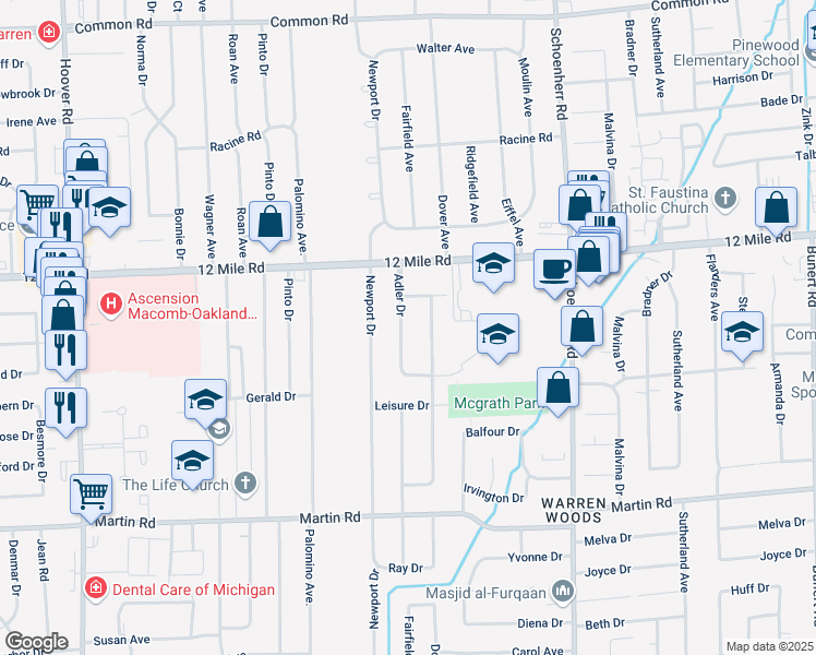 map of restaurants, bars, coffee shops, grocery stores, and more near 28712 Adler Drive in Warren