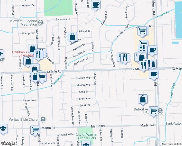 map of restaurants, bars, coffee shops, grocery stores, and more near 4936 Twelve Mile Road in Warren