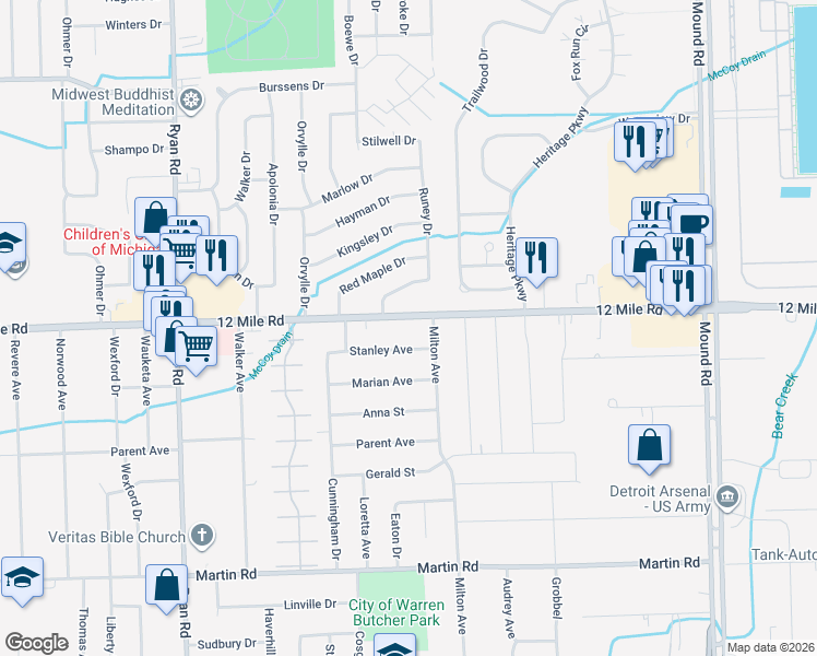 map of restaurants, bars, coffee shops, grocery stores, and more near 4936 Twelve Mile Road in Warren