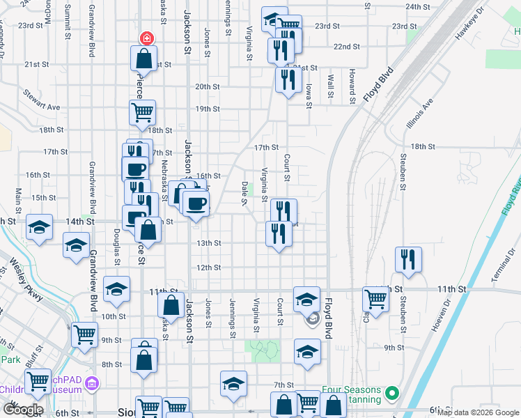 map of restaurants, bars, coffee shops, grocery stores, and more near 1415 Virginia Street in Sioux City