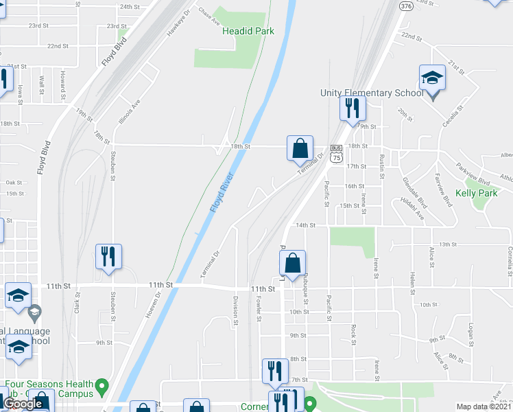 map of restaurants, bars, coffee shops, grocery stores, and more near 1441 Terminal Drive in Sioux City