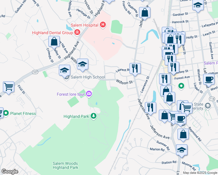 map of restaurants, bars, coffee shops, grocery stores, and more near 10 Story Road in Salem