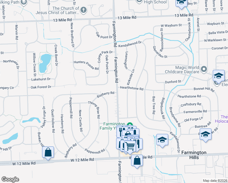 map of restaurants, bars, coffee shops, grocery stores, and more near 28491 Bayberry Road in Farmington Hills