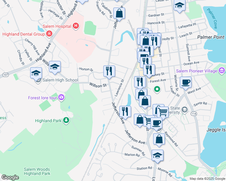 map of restaurants, bars, coffee shops, grocery stores, and more near 72 Lawrence Street in Salem