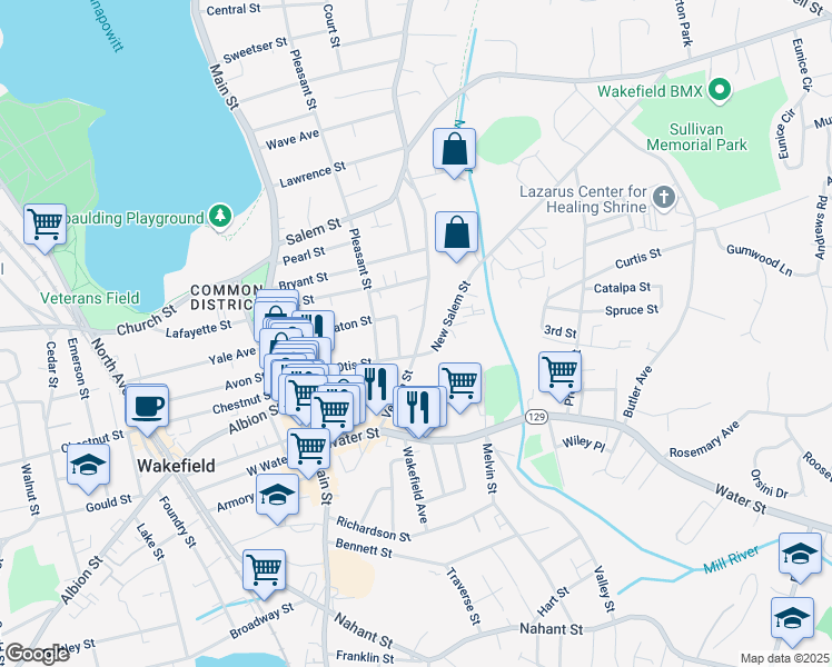 map of restaurants, bars, coffee shops, grocery stores, and more near 255 Vernon Street in Wakefield
