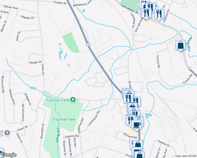 map of restaurants, bars, coffee shops, grocery stores, and more near 136 Chapman Place in Leominster