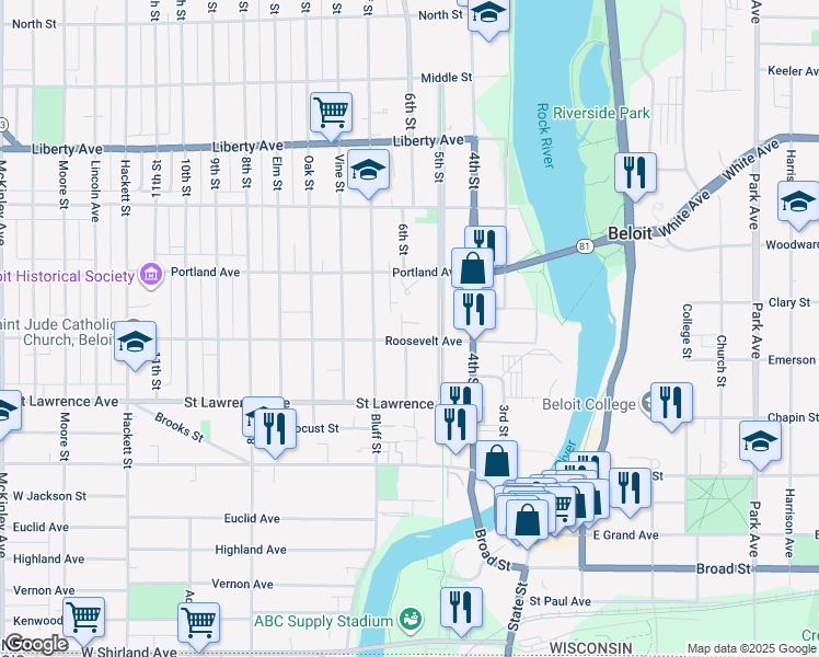 map of restaurants, bars, coffee shops, grocery stores, and more near 215 Roosevelt Avenue in Beloit