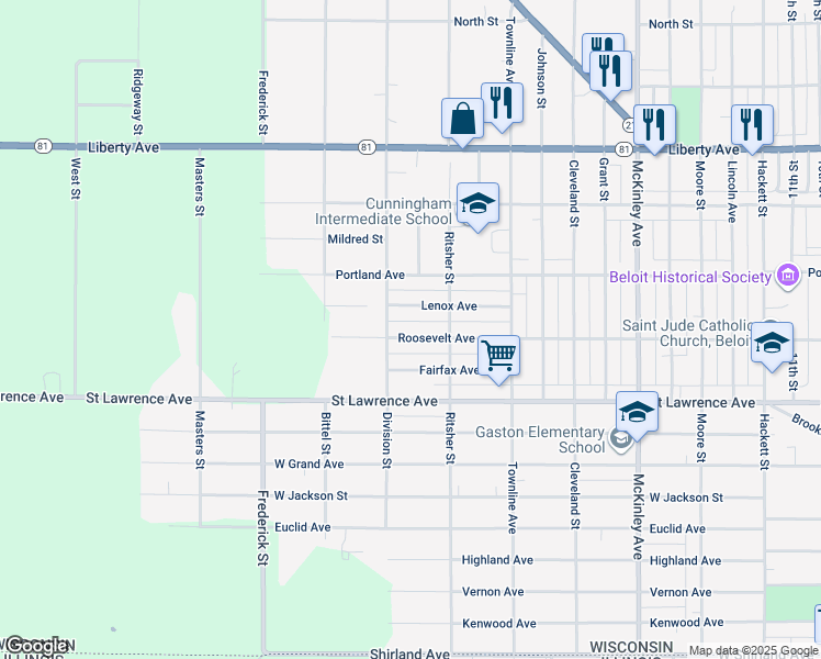 map of restaurants, bars, coffee shops, grocery stores, and more near 2045 Roosevelt Avenue in Beloit