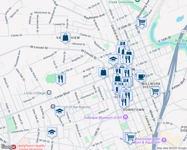 map of restaurants, bars, coffee shops, grocery stores, and more near 1490 Cornell Street in Dubuque