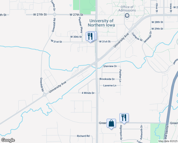 map of restaurants, bars, coffee shops, grocery stores, and more near 9025 University Avenue in Cedar Falls