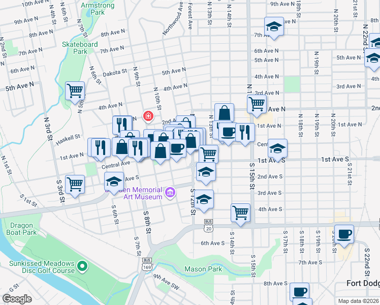 map of restaurants, bars, coffee shops, grocery stores, and more near 1031 Central Avenue in Fort Dodge