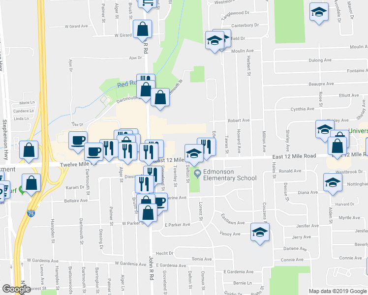 map of restaurants, bars, coffee shops, grocery stores, and more near 291 Twelve Mile Road in Madison Heights
