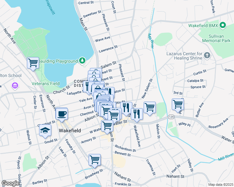 map of restaurants, bars, coffee shops, grocery stores, and more near 14 1/2 Eaton Court in Wakefield