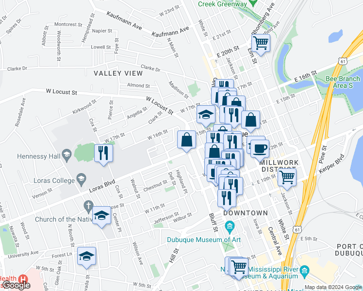 map of restaurants, bars, coffee shops, grocery stores, and more near 1470 Montrose Terrace in Dubuque