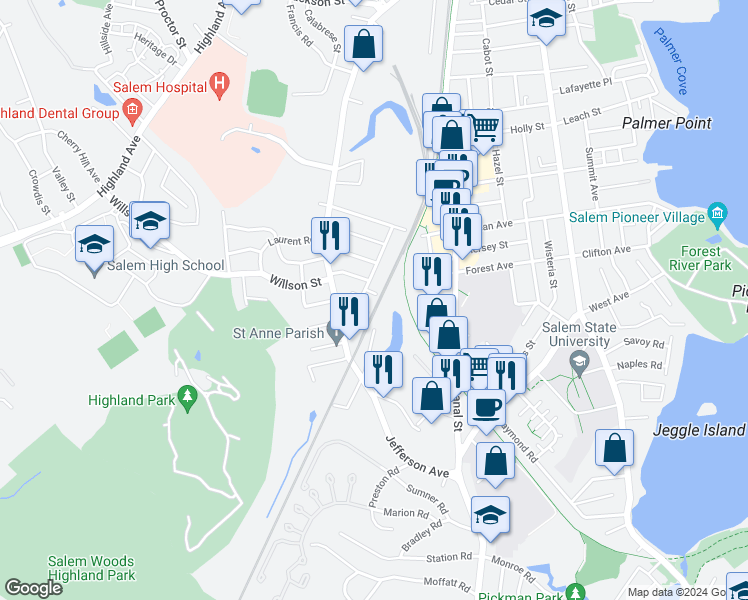 map of restaurants, bars, coffee shops, grocery stores, and more near 59 Lawrence Street in Salem