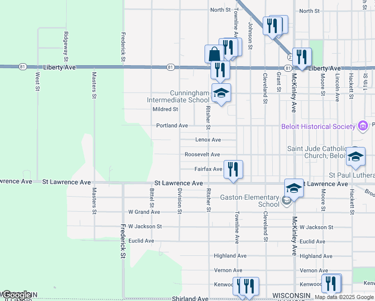 map of restaurants, bars, coffee shops, grocery stores, and more near 2045 Roosevelt Avenue in Beloit