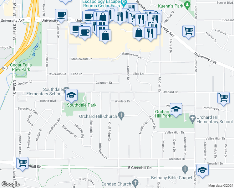 map of restaurants, bars, coffee shops, grocery stores, and more near 1207 Orchard Drive in Cedar Falls