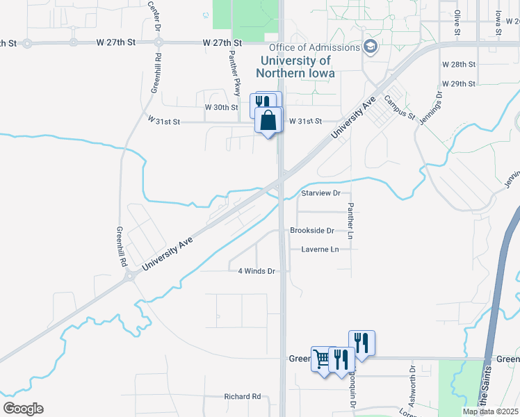 map of restaurants, bars, coffee shops, grocery stores, and more near 9015 University Avenue in Cedar Falls