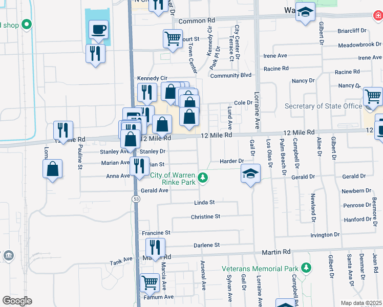 map of restaurants, bars, coffee shops, grocery stores, and more near 8318 Stanley Drive in Warren