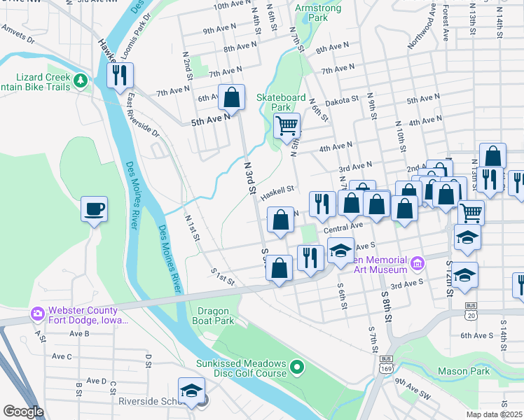 map of restaurants, bars, coffee shops, grocery stores, and more near 304 1st Avenue North in Fort Dodge