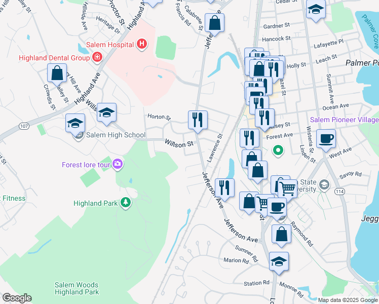 map of restaurants, bars, coffee shops, grocery stores, and more near 6 Arthur Street in Salem