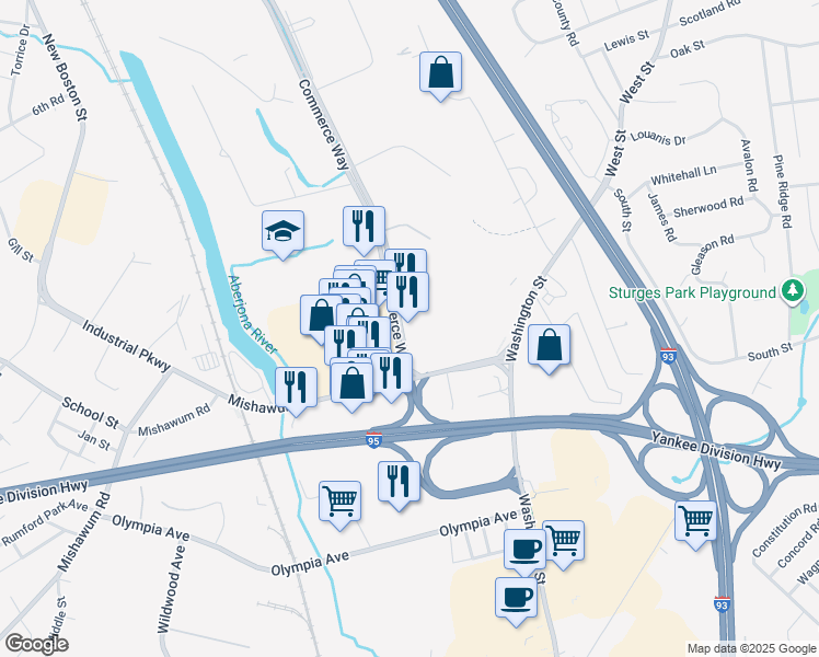 map of restaurants, bars, coffee shops, grocery stores, and more near 17 Commerce Way in Woburn