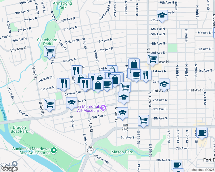 map of restaurants, bars, coffee shops, grocery stores, and more near 1031 Central Avenue in Fort Dodge
