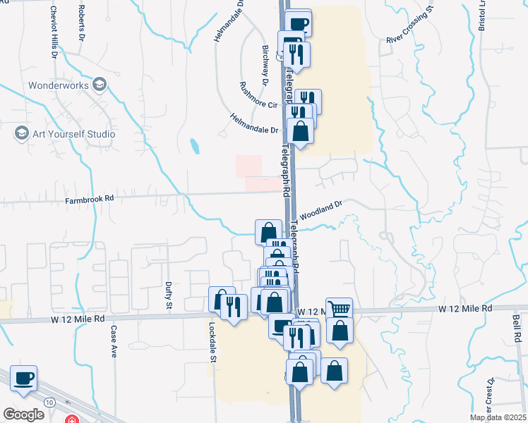 map of restaurants, bars, coffee shops, grocery stores, and more near 29777 Telegraph Road in Southfield