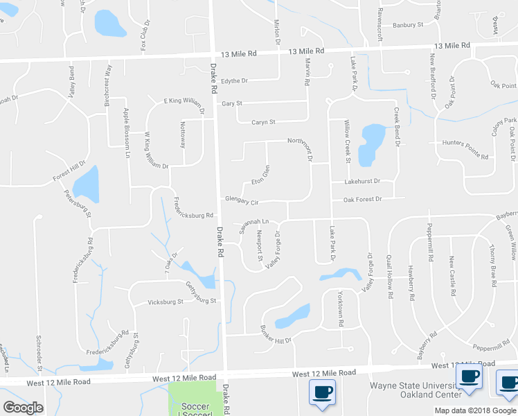 map of restaurants, bars, coffee shops, grocery stores, and more near 35351 Glengary Circle in Farmington Hills