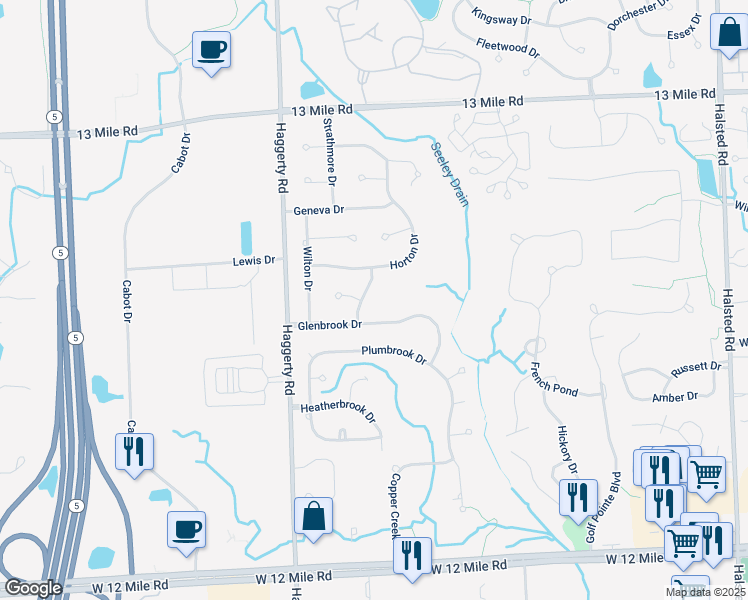 map of restaurants, bars, coffee shops, grocery stores, and more near 28830 Piedmont Drive in Farmington Hills
