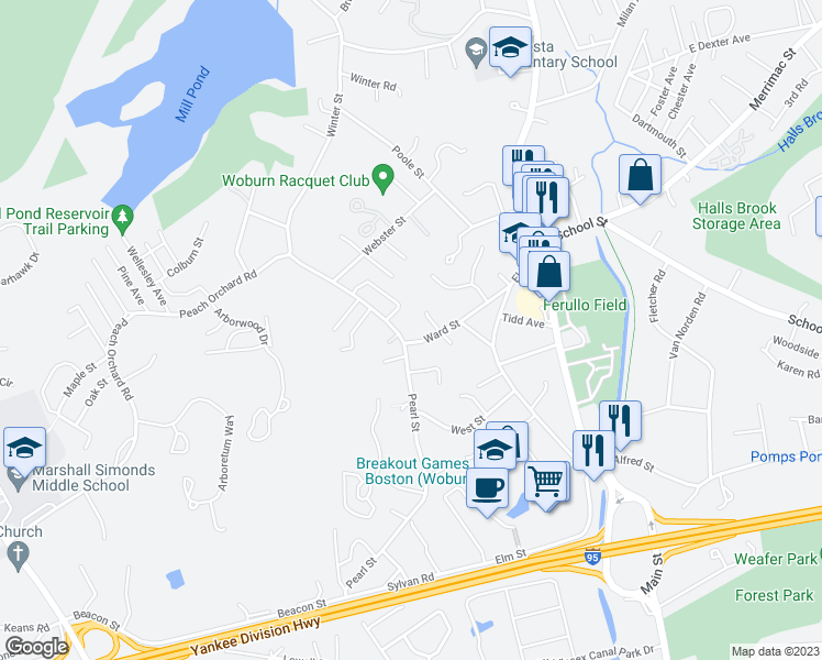 map of restaurants, bars, coffee shops, grocery stores, and more near 87 Pearl Street in Woburn