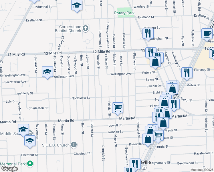 map of restaurants, bars, coffee shops, grocery stores, and more near 28367 Felician Street in Roseville