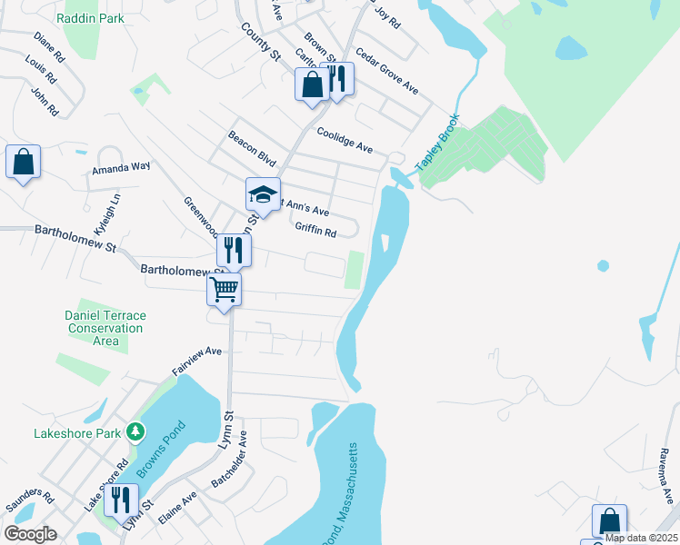 map of restaurants, bars, coffee shops, grocery stores, and more near 14 Macarthur Circle in Peabody