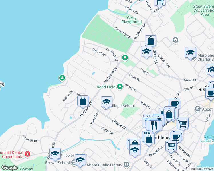 map of restaurants, bars, coffee shops, grocery stores, and more near 219 West Shore Drive in Marblehead