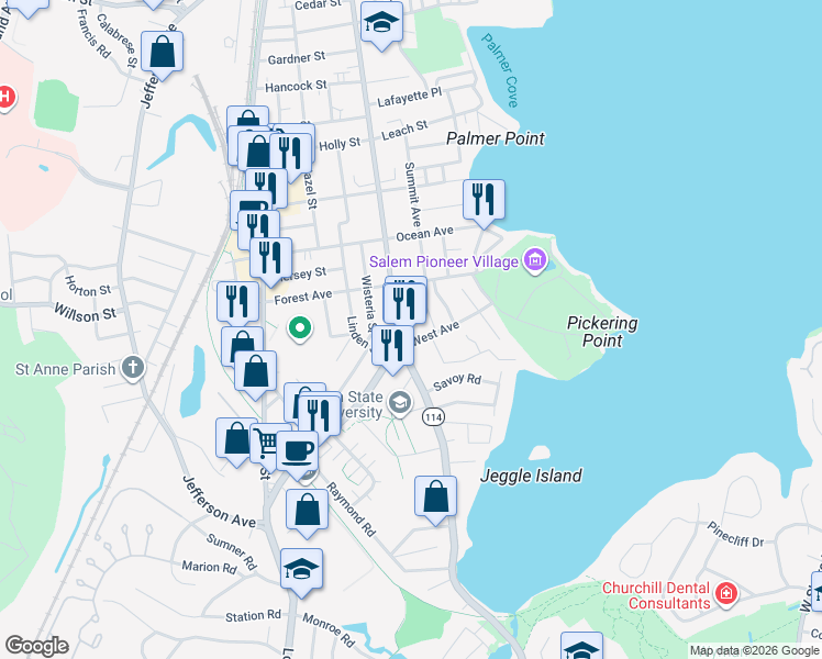 map of restaurants, bars, coffee shops, grocery stores, and more near in Salem