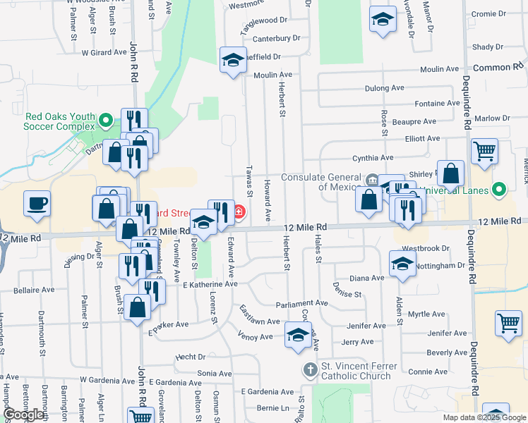 map of restaurants, bars, coffee shops, grocery stores, and more near 29026 Tawas Street in Madison Heights