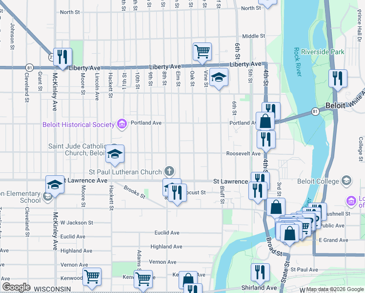 map of restaurants, bars, coffee shops, grocery stores, and more near 505 Roosevelt Avenue in Beloit