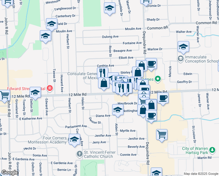 map of restaurants, bars, coffee shops, grocery stores, and more near 1461 East 12 Mile Road in Madison Heights