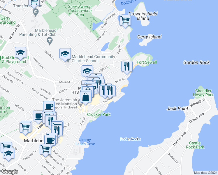 map of restaurants, bars, coffee shops, grocery stores, and more near 7 Merritt Street in Marblehead