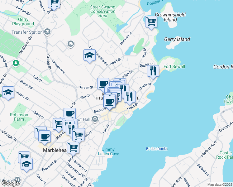 map of restaurants, bars, coffee shops, grocery stores, and more near 3 Pleasant Street in Marblehead