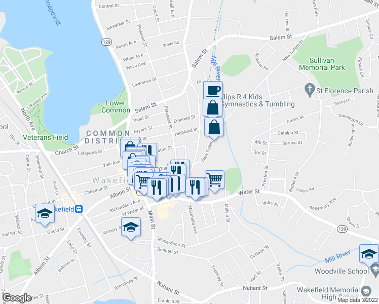 map of restaurants, bars, coffee shops, grocery stores, and more near 255 Vernon Street in Wakefield